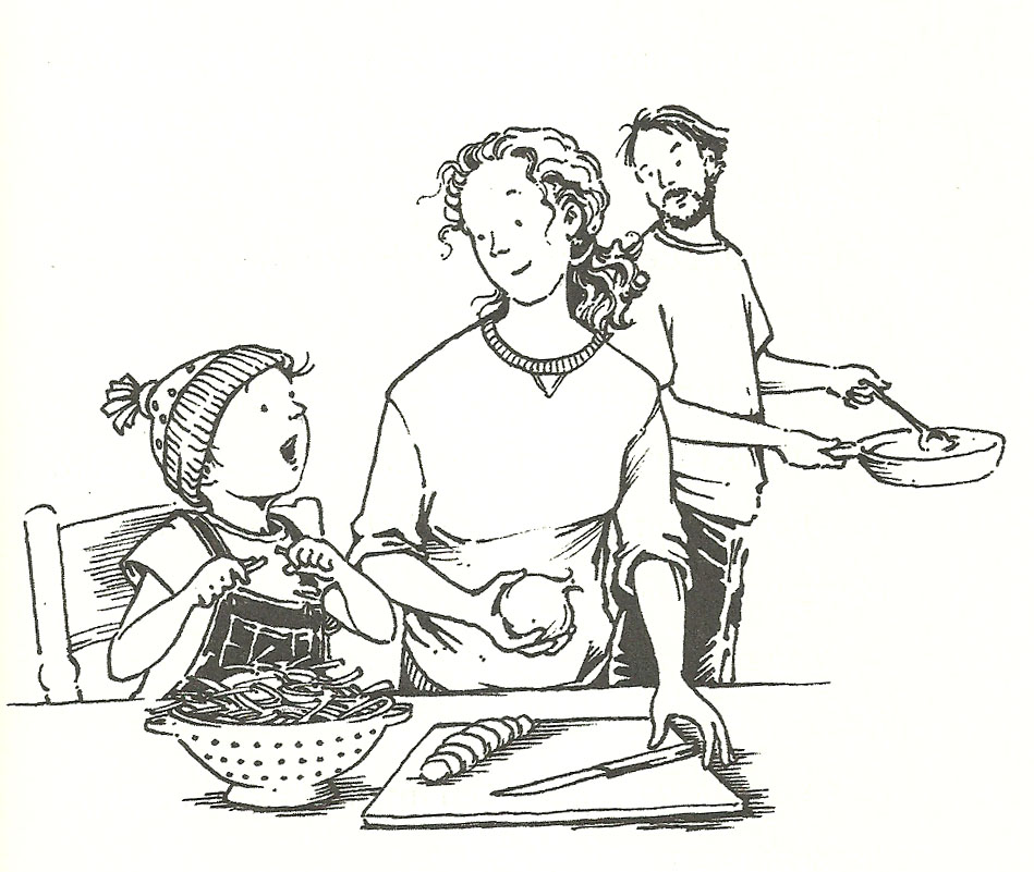 Clementine w/family making dinner line drawing
